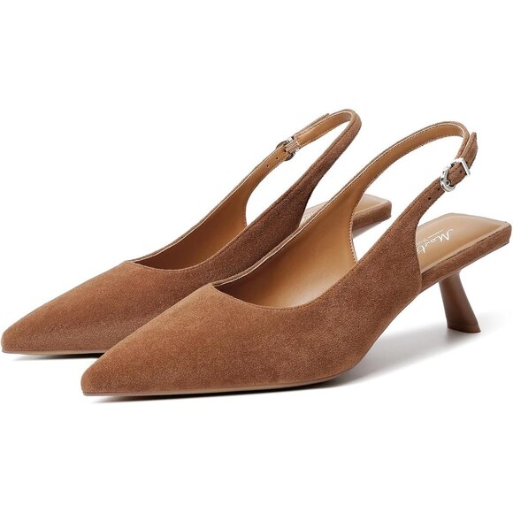 Mostrin Kitten Heels Brown Suede Low Slingback Heels with Buckle Dress Shoes - Picture 9 of 9